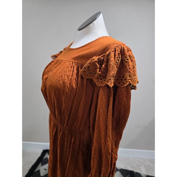 Rust Orange Long-Sleeve Textured Dress W/Eyelet Detailing & Elastic Waist By Uni - Picture 6 of 13